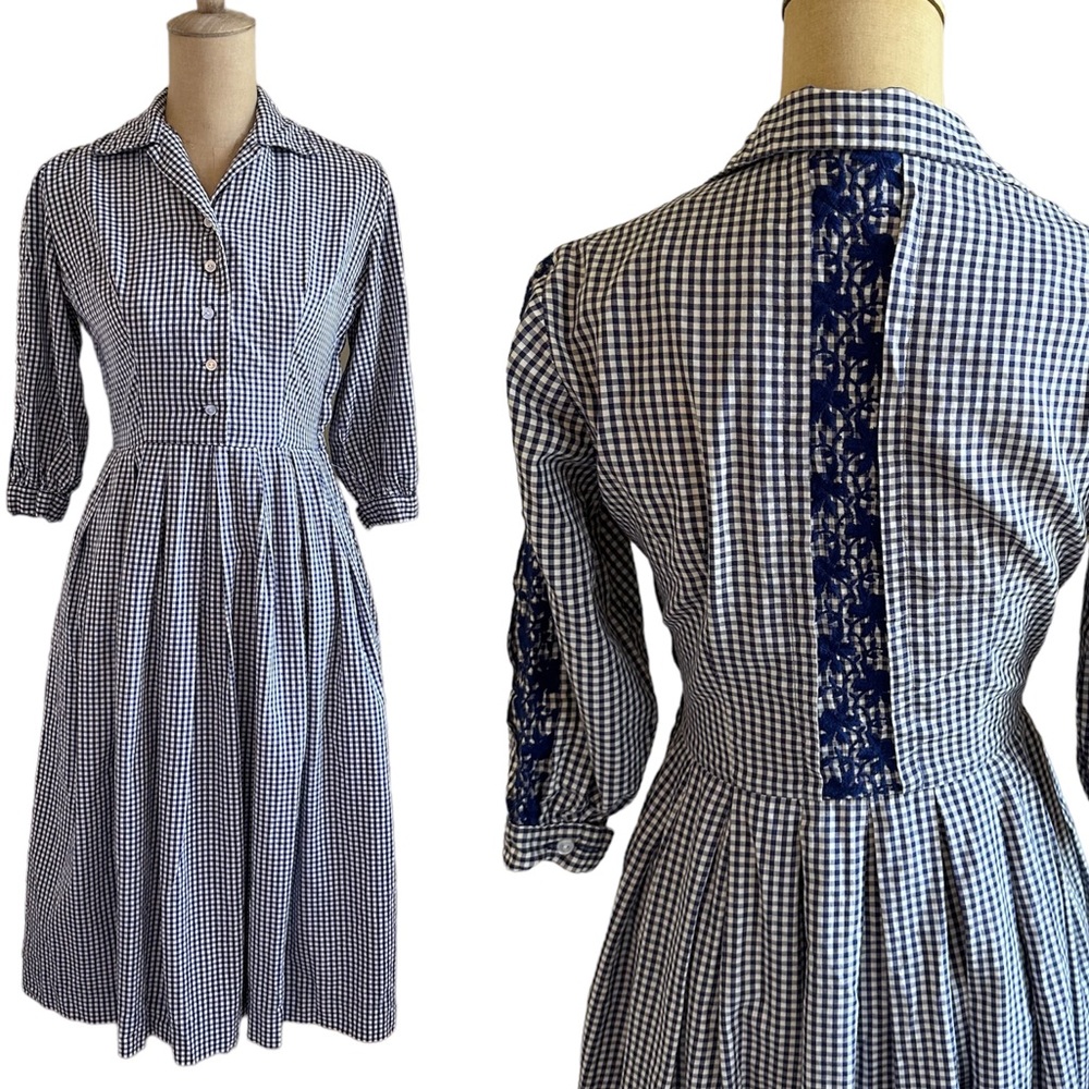 50-60s Vintage Blue White Gingham Floral Embroidered Fit Flare Pleated Dress